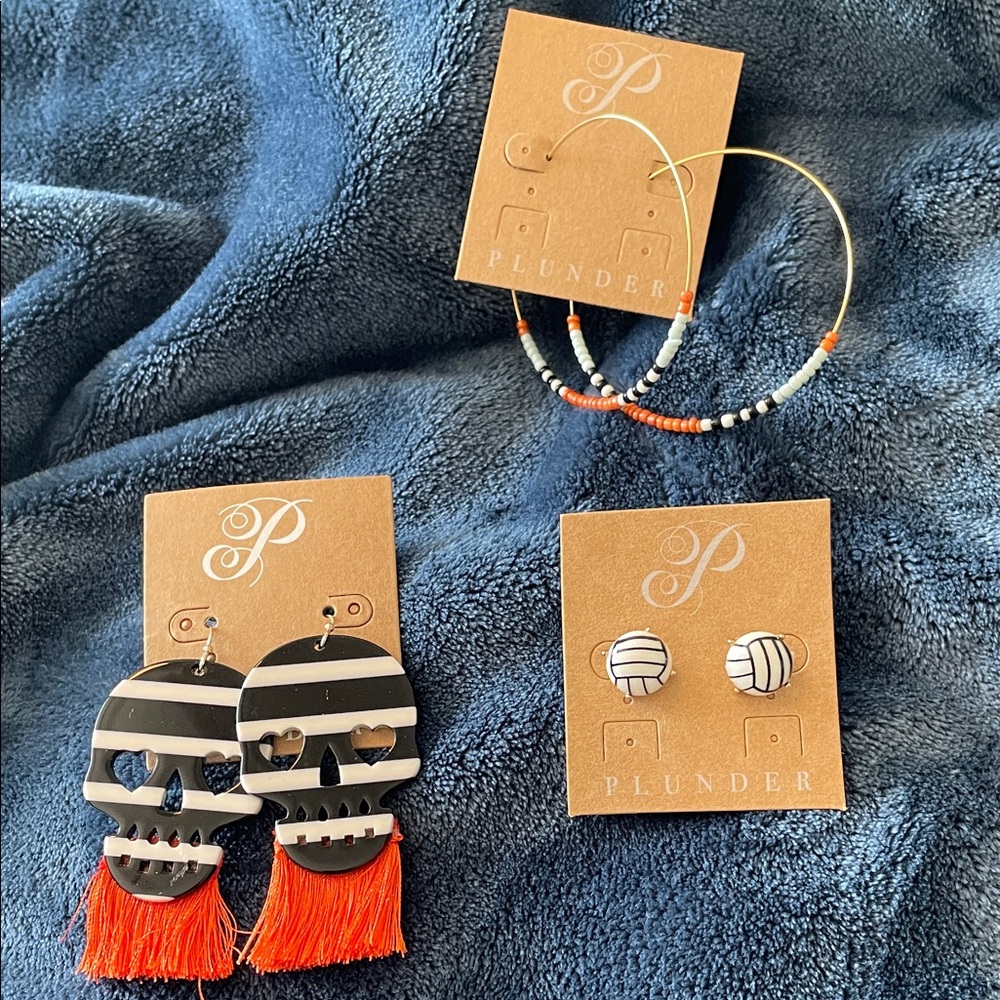 3 Plunder Black & White Skull Tassel Earrings Orange Hoops & blk/white NEW NWT